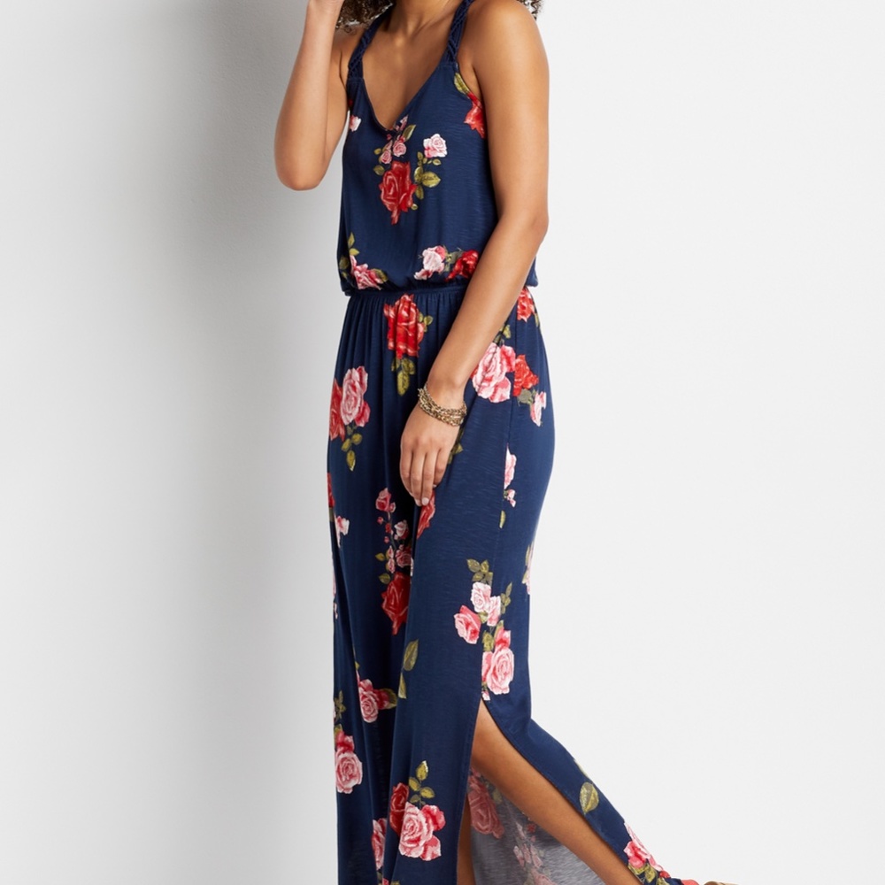 Never-worn Maurices blue floral macrame back maxi dress